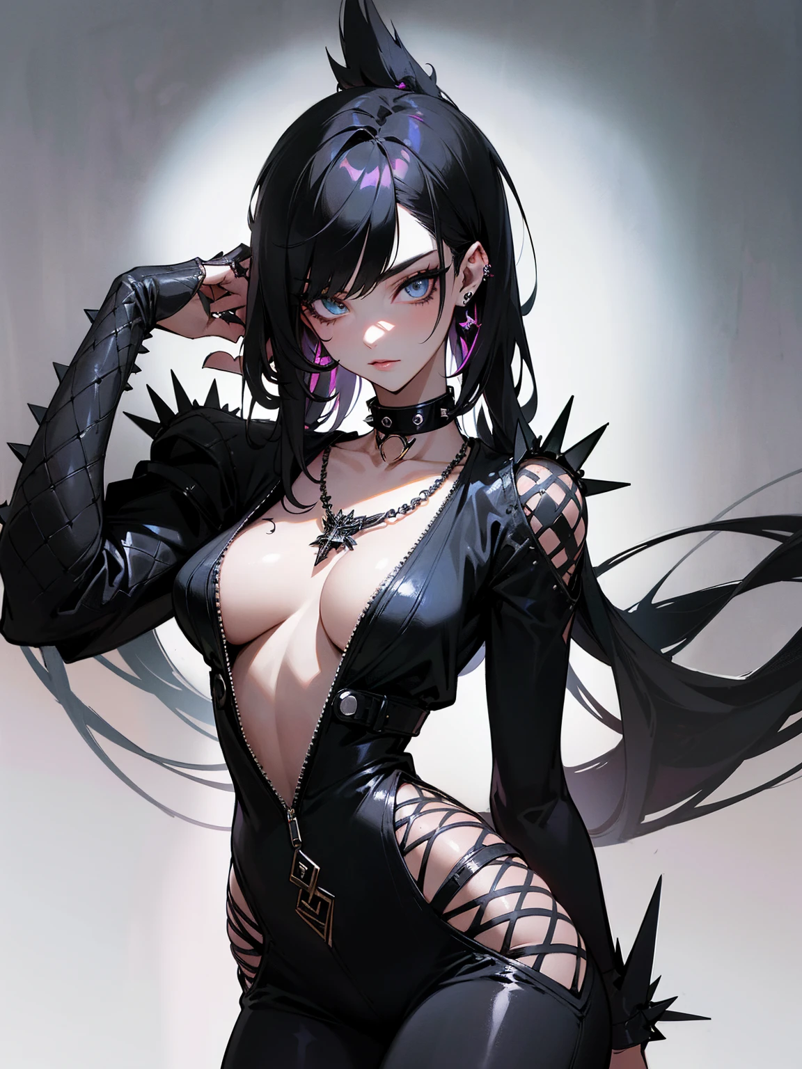 ((Long Straight Black hair)), Perfect face, Choker, Punk earrings, ((Tall)), ((High Quality)), Necklace, ((Mature)), Pretty Eyes, Sharp Nails, ((1 Girl)), ((Multiple Earrings)), Spiky Earrings, Adult, Spiked Collar, ((High Leggings)), ((Black Top)), Tall, Long Legs, ((Dynamic Pose)), Vibrant Colors, Sexy, Suggestive, Sexually Suggestive, Slender Body, Bangs, Thick Eyeliner Around The Eyes, Black Tattoos On Her Body, Perfect Body, Sensual, Punk, Thick Thighs, (masterpiece:1.2), (highest quality), (Detailed skin:1.3), (Intricate details), ((1 woman)), Detailed skin texture, ((Skinny)), Front View,