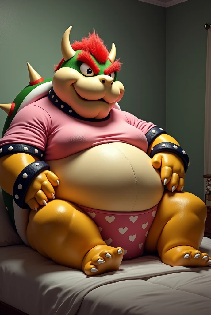 Bowser from Super Mario, Extremely obese, chubby, embarrassed, huge round belly, big moobs, heart underpants, pink tight short sleeves t-shirt, laying on a bed, one hand on the belly