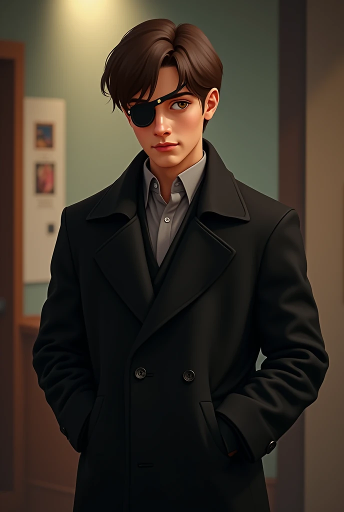 White young  man with brown hair, Bangs in the hair, black long coat, 90s sitcom,  realistic, retrô, eyepatch