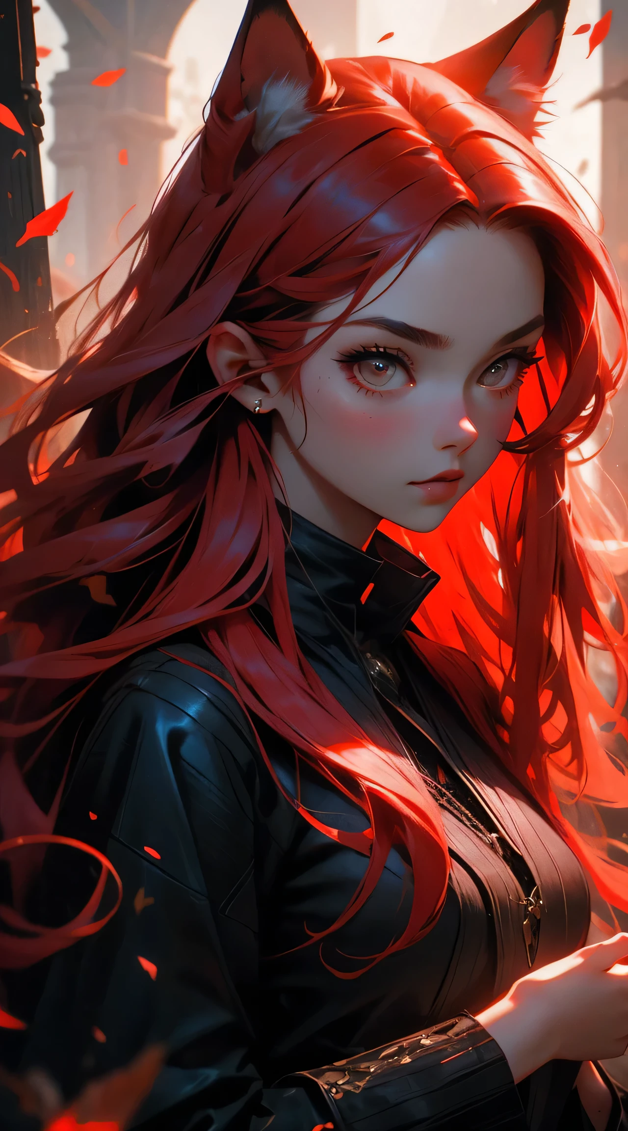 close up, beautiful young girl, red long hair, black eyes, red fox in the hands, girl holding red fox, 8k, high detailed, high realism, dark fantasy art