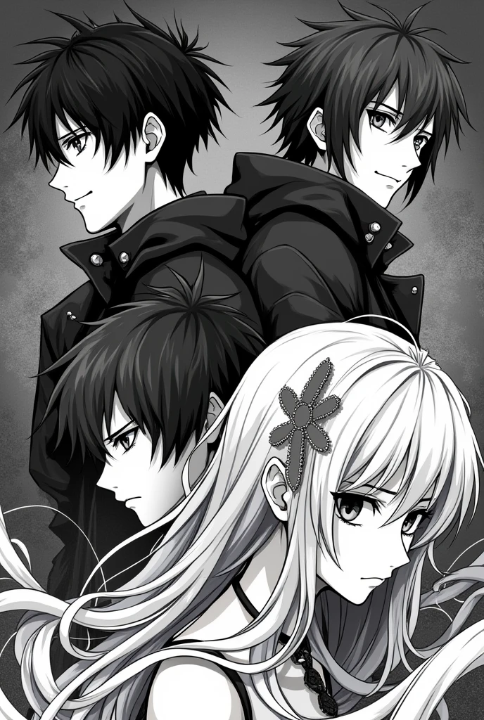 create 3 main characters of a manga one with 16 male years old another with 15 female another with 13 male in black and white 