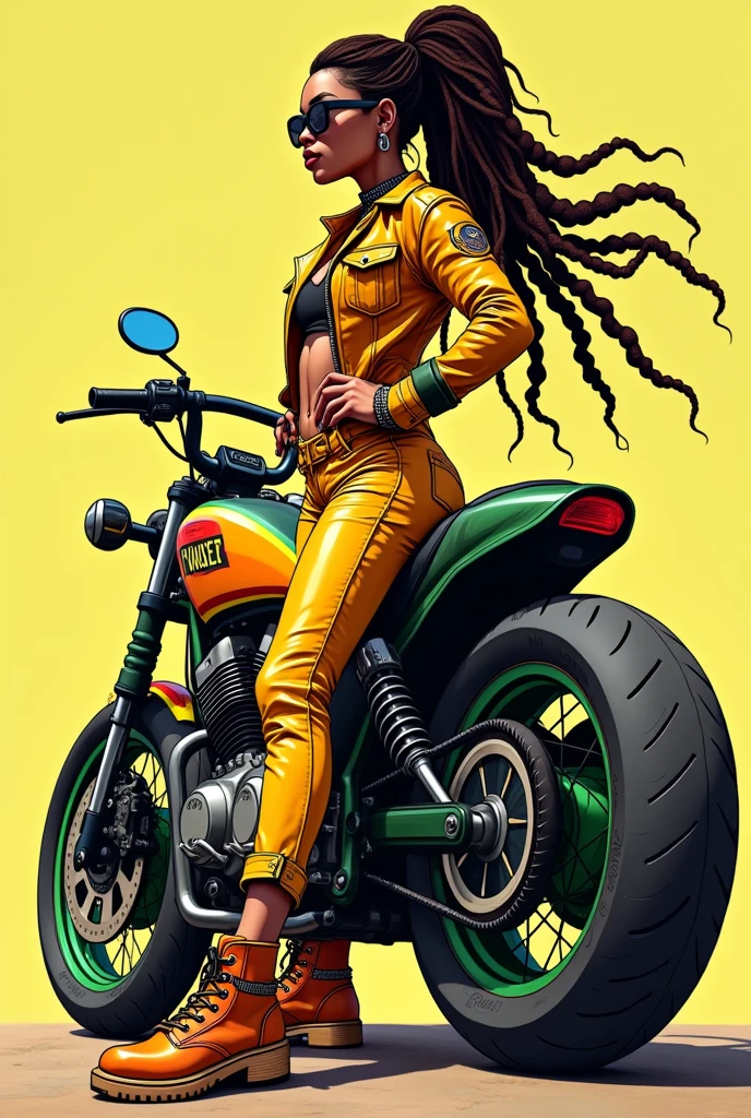 yellow red green and black biker woman with dreadlocks cartoon drawing in full body side position with rasta colored motorcycle

