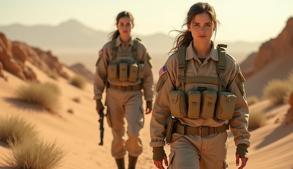 1940; (masterpiece, best quality) destroyed deserto do Saára woman American soldier going to war