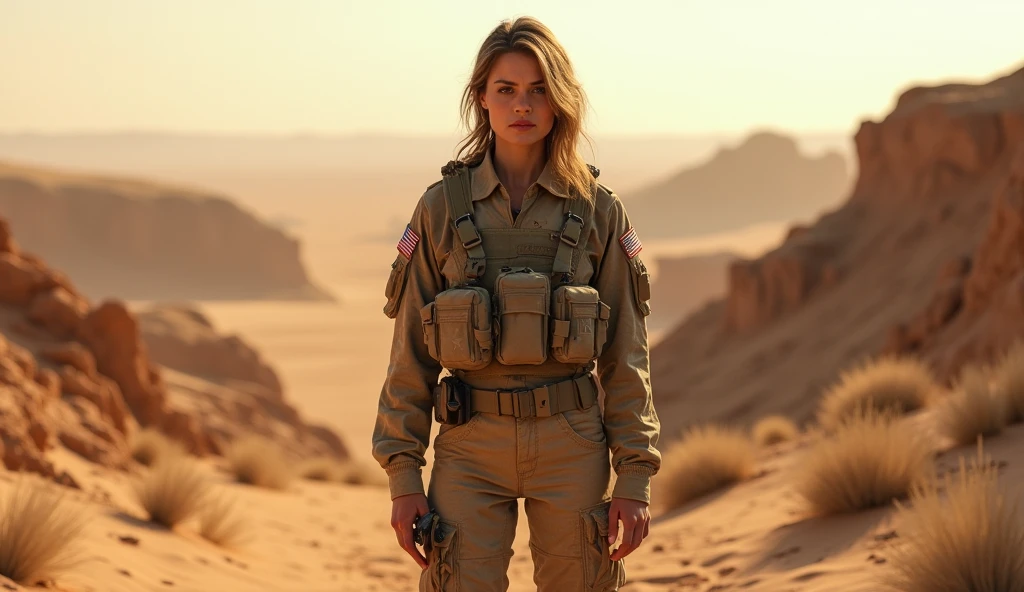 1940; (masterpiece, best quality) destroyed deserto do Saára woman American soldier going to war