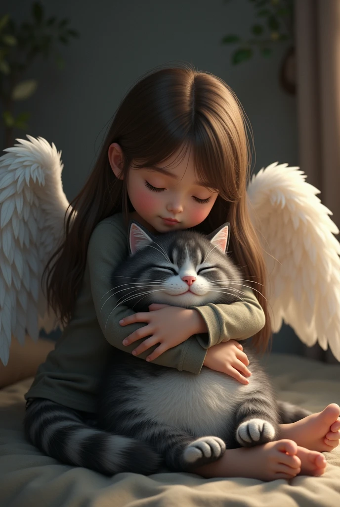  girl with long brown hair hugging 1 gray grandpa cat, black and white with angel wings
