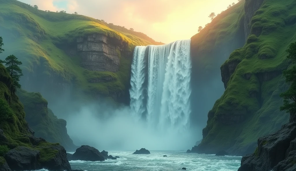 A viral social media image about "lofi music with huge waterfall vibes" featuring a massive, tranquil waterfall cascading through lush green cliffs, bathed in golden sunlight,





