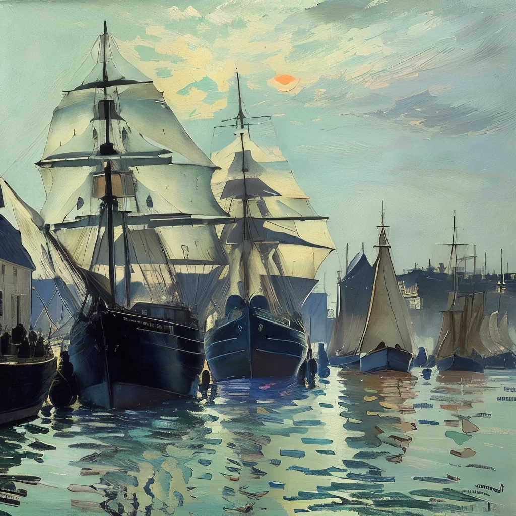 Painting of ships and boats in a harbor, Ships in the harbor, Claude Monet), by Claude Monet, Claude Monet, Charles Monet, Painted by Monet, Monet's paintings, style of Claude Monet, At sunset, 3 masts, By Monet, Impressionist paintings, Monet&#39;s Style, Blanche Ochedet Monet, masterpiece&#39;