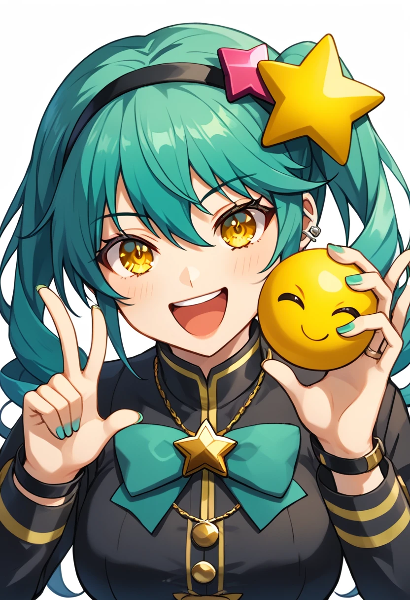 Girl with long dark turquoise hair, yellow eyes, yellow happy star pin in her hair