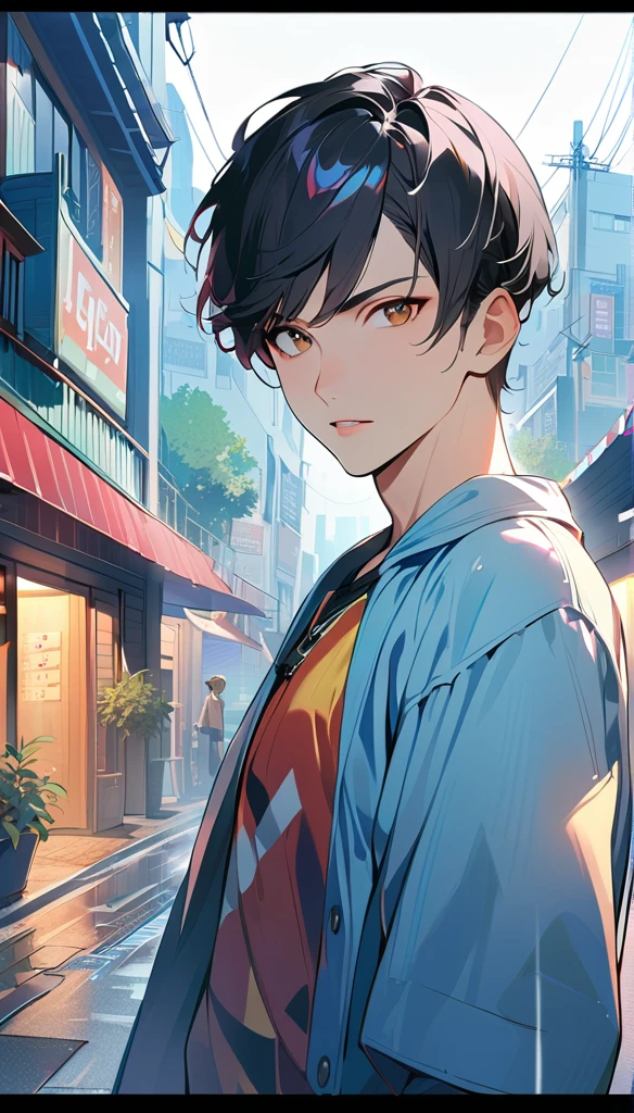 1man, solo, crew cut, black Hair, brown eyes, light lips, 25years old, (he's holding an umbrella:1.3), standing, raining, residential area with sunshine, cowboy shot,The illustration is in high definition at 4k resolution, with highly-detailed facial features and cartoon-style visuals