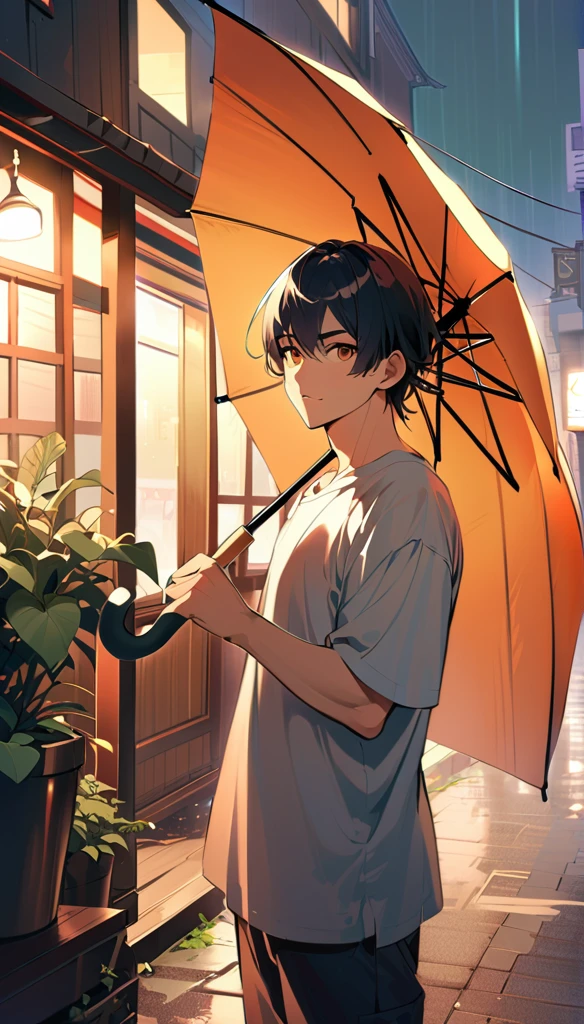 1man, solo, crew cut, black Hair, brown eyes, light lips, 25years old, (he's holding an umbrella:1.3), standing, raining, residential area with sunshine, cowboy shot,The illustration is in high definition at 4k resolution, with highly-detailed facial features and cartoon-style visuals