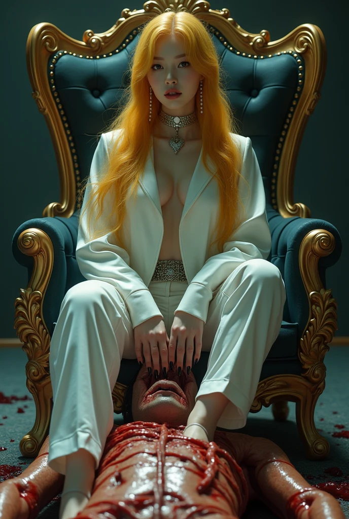 (((photorealistic:1.4))), ultra realistic, pores, (((masterpiece))),high quality, ultra details, realistic white skin beautiful face pretty korean idol girl showing very long sharp black shiny fingernails, random expression, model pose, very pretty, vein on hands, wearing sexy bloody outfit, ring on fingers, long yellow hair, long earrings, big necklace, sitting on the throne with high heels stepping on tired expression of realistic ugly old man tied up on the floor with throat ripped, show organs, get burned, no hands and legs, hose on the body, scratch mark, blood splatter everywhere, no hands and legs, extreme gore, looking at camera, night, luxury throne, modern kingdom, high key, bright, vagina smothering, people arround
