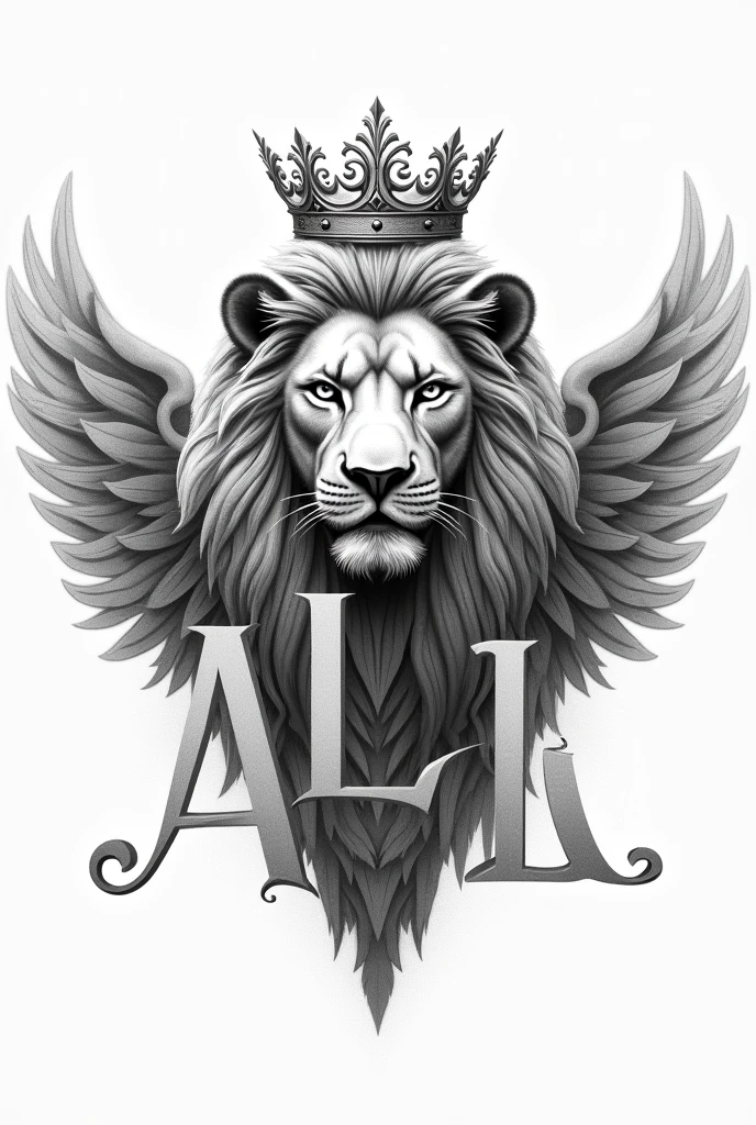A lion&#39;s head wearing a crown in the front angle. Below the head, It has two open wings and between them two letters in an integrated form. An A and an L. The image must have pencil drawing lines and black and white