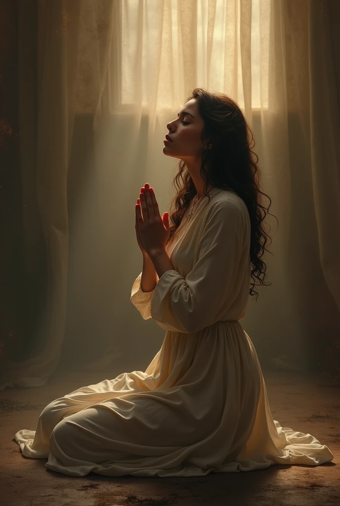 a woman kneeling praying and god listening to her prayer,She is afraid of having an abortion and dreams of holding her baby in her arms