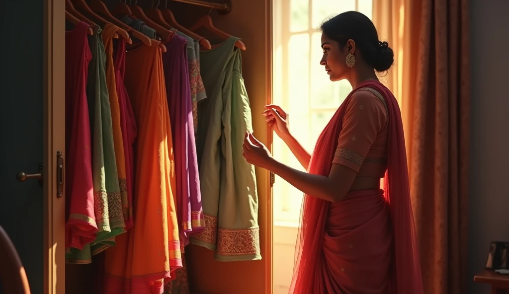 "An Indian woman is standing by the wardrobe, carefully selecting clothes. Her hands move gracefully as she sifts through the colorful sarees, kurtas, and other traditional outfits hanging neatly inside. The sunlight streaming through the window casts a warm glow on her face as she thoughtfully picks out what to wear for the day, considering the occasion and the weather. The room is filled with the soft rustle of fabric as she makes her choice, embodying the grace and elegance of everyday life."