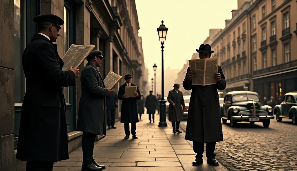 1942 London street scene, people reading newspapers, old-fashioned street lamps, vintage architecture, overcast weather, realistic, cinematic lighting, dramatic shadows, sepia toned, moody atmosphere, detailed textures, weathered buildings, cobblestones, classic cars, people in 1940s fashion, photorealistic, 8k, highly detailed, masterpiece