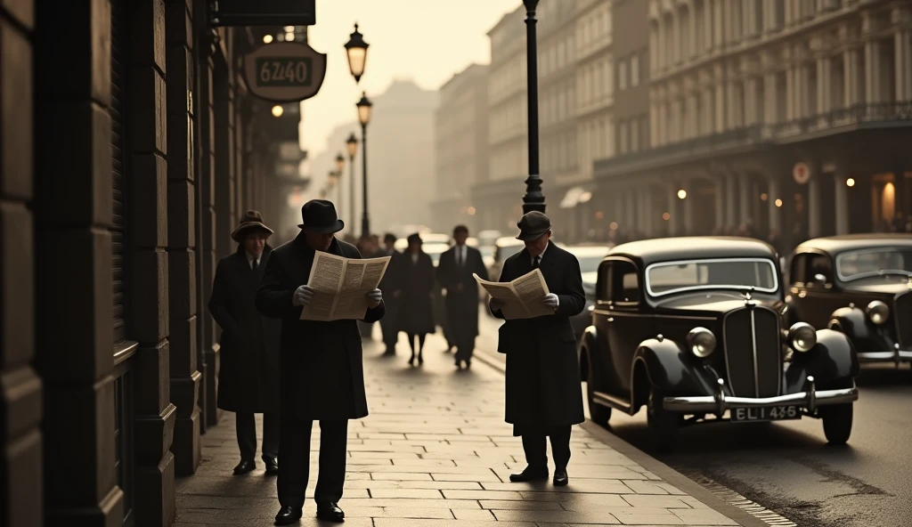 1942 London street scene, people reading newspapers, old-fashioned street lamps, vintage architecture, overcast weather, realistic, cinematic lighting, dramatic shadows, sepia toned, moody atmosphere, detailed textures, weathered buildings, cobblestones, classic cars, people in 1940s fashion, photorealistic, 8k, highly detailed, masterpiece