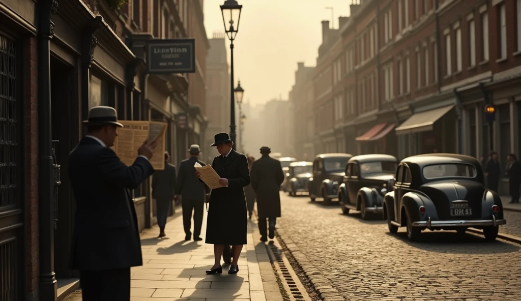1942 London street scene, people reading newspapers, old-fashioned street lamps, vintage architecture, overcast weather, realistic, cinematic lighting, dramatic shadows, sepia toned, moody atmosphere, detailed textures, weathered buildings, cobblestones, classic cars, people in 1940s fashion, photorealistic, 8k, highly detailed, masterpiece