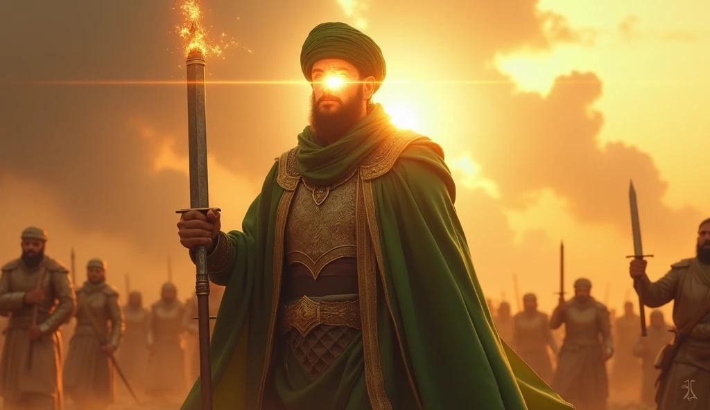Battle of Khandaq: Imam Ali stands resolutely in the battlefield of Khandaq, his entire face glowing with a radiant, divine light that completely obscures his features. He is dressed in gleaming battle armor with a green turban and wields the legendary sword Dhu al-Fiqar. The battlefield is chaotic, with dust swirling and the setting sun casting a golden hue over the scene. The holy light from his face illuminates the area, creating an aura of invincibility and divine justice, rendered in ultra-realistic detail with 8K resolution.