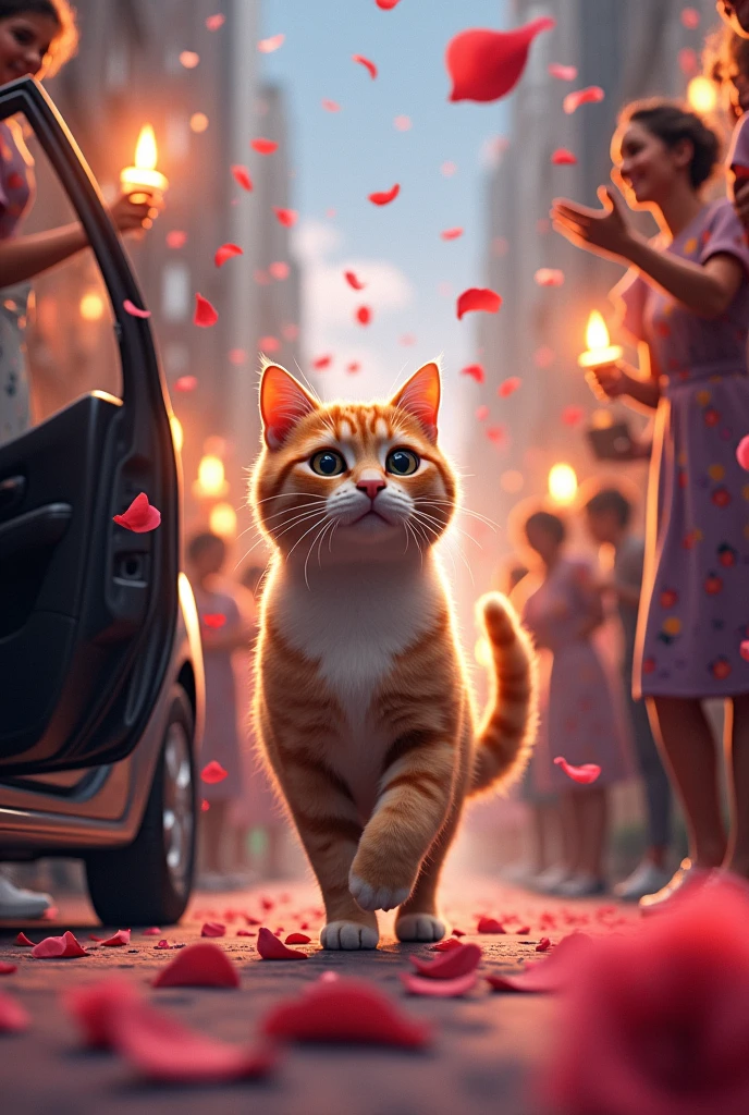 A cat getting out of a car and people throwing rose candles at it and wearing a nice cat dress.