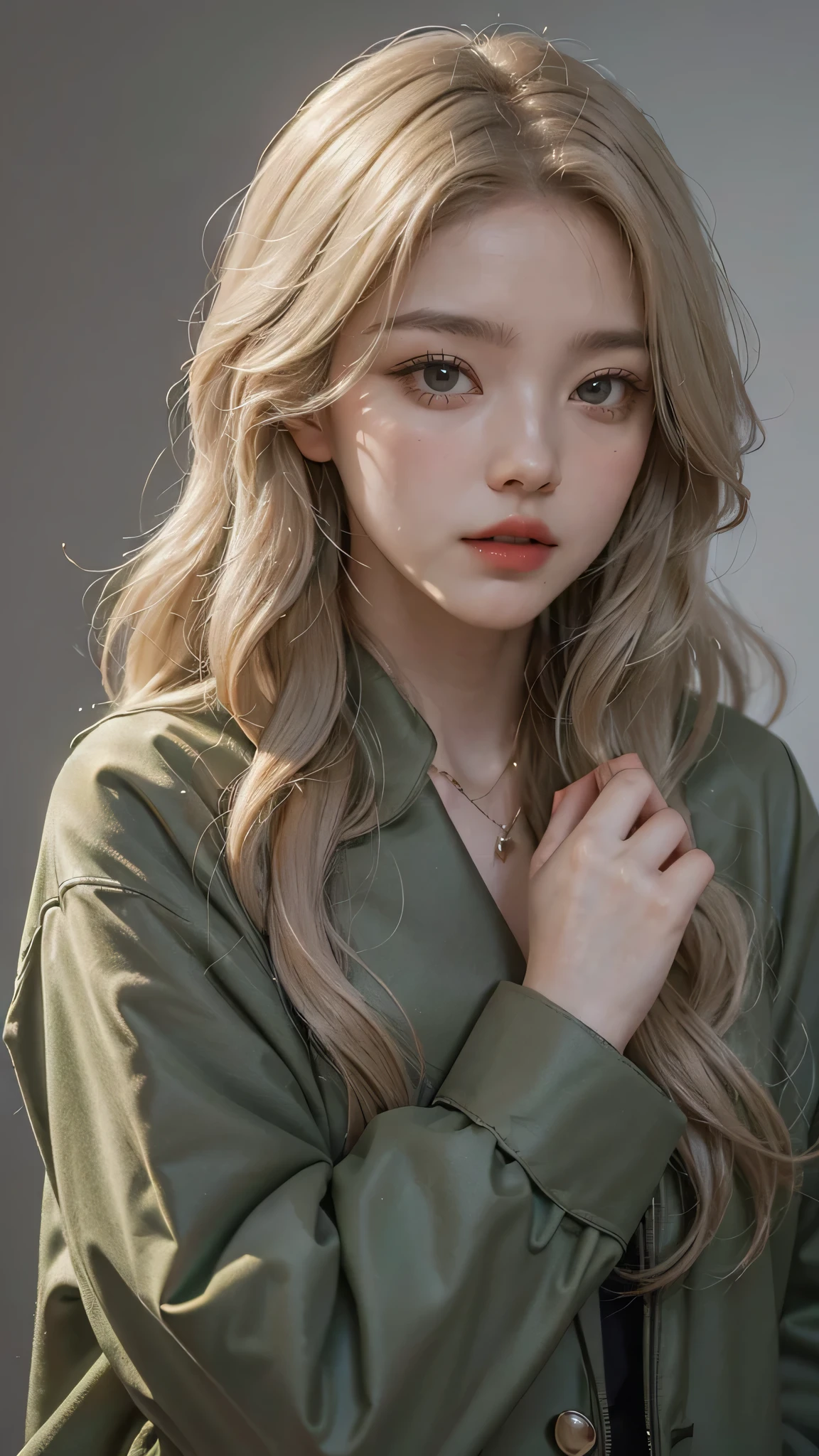 Girl wearing, luxury green coat, shoulder length hair, wavy hair, glowing skin, star in eye, red lips, grey background, cute poses, upper body, light blonde hair, fully covered clothing.
