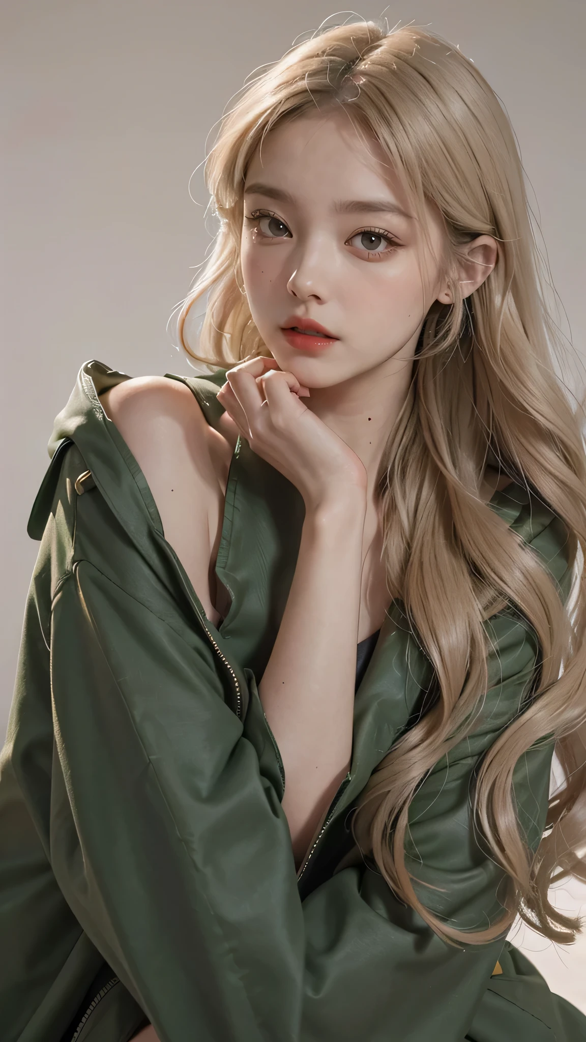 Girl wearing, luxury green coat, shoulder length hair, wavy hair, glowing skin, star in eye, red lips, grey  background, cute poses, upper body, light blonde hair, fully covered clothing.