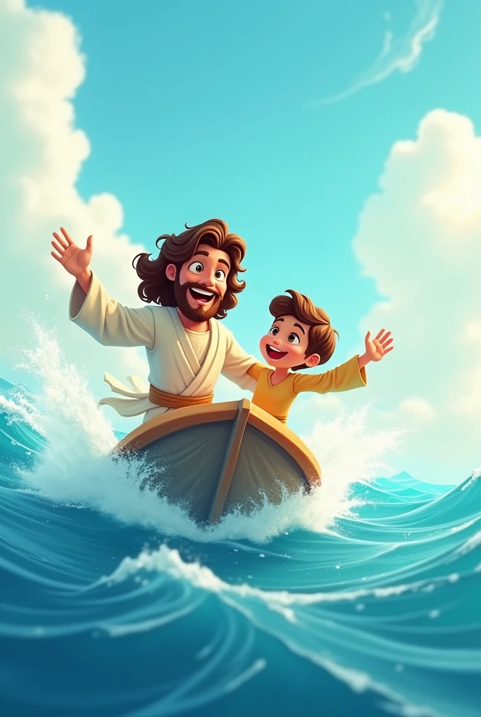 Cartoon of Jesus playing a race on the waters over the sea with a landscape of open sea and with a curly hair they are smiling at each other like