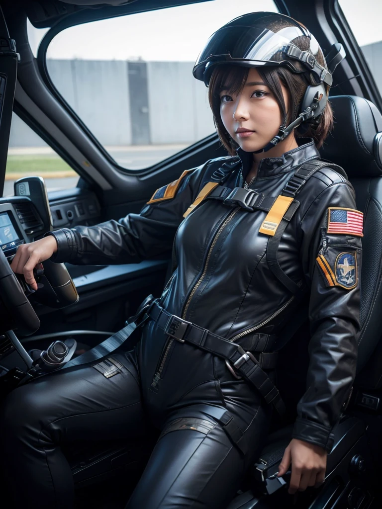 A female soldier wearing a helmet and pilot suit to fly a fighter jet,Plump,Sitting in the cockpit,Thick harness belt,