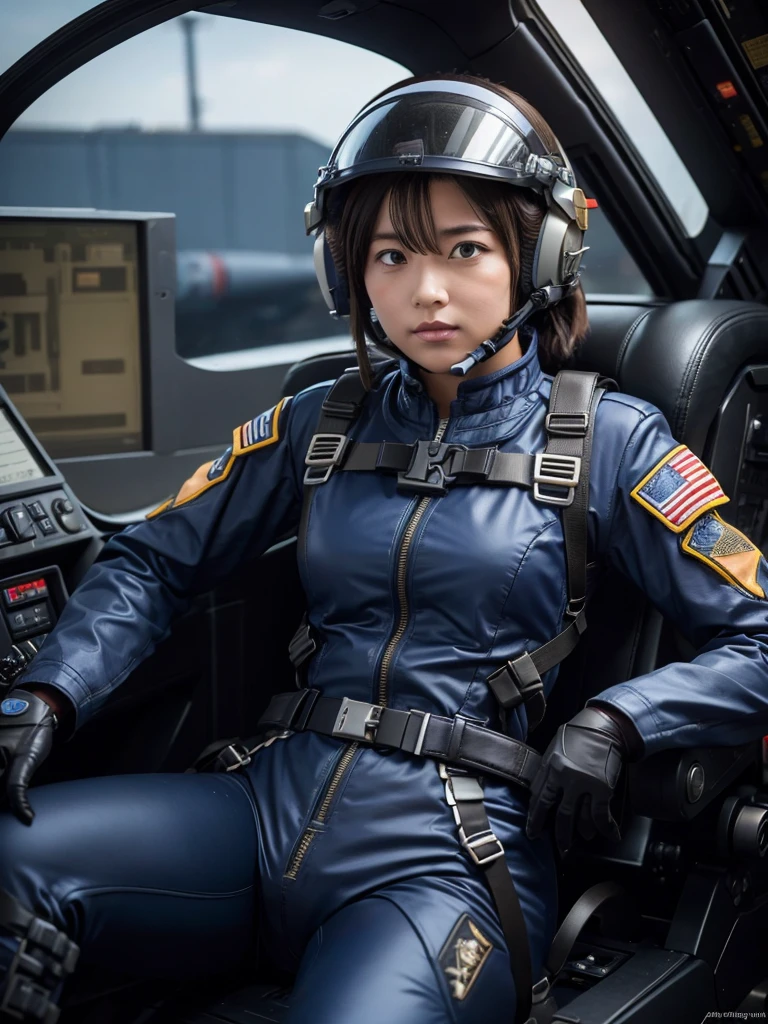 A female soldier wearing a helmet and pilot suit to fly a fighter jet,Plump,Sitting in the cockpit,Thick harness belt,