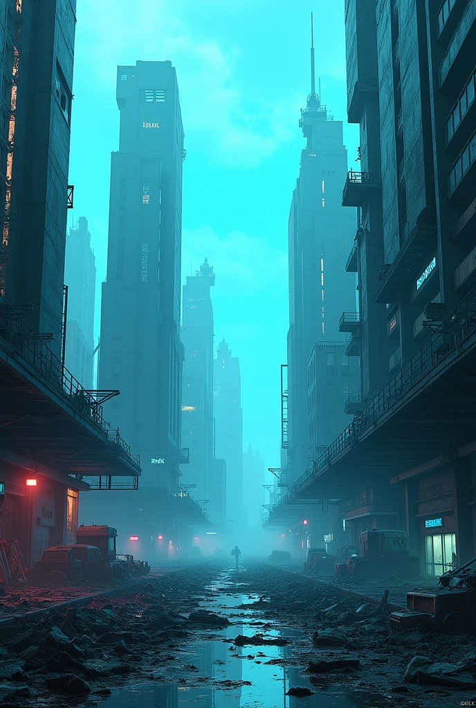 apocalyptic cyberpunk city in ruins azure color background