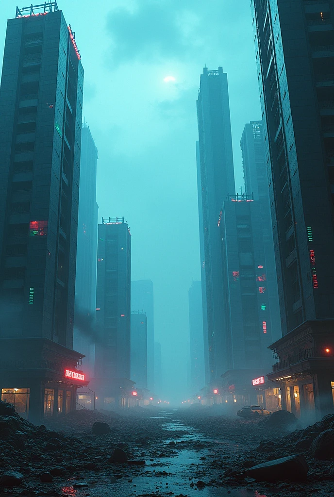 apocalyptic cyberpunk city in ruins azure color background