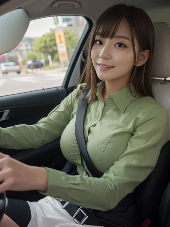 (Best Quality:1.2), Raw photo, High resolution, perfect detail, Professional Photography, Professional Lighting, Sharp Focus, Angelic Very beautiful cute girl, Japanese girl, 2, Beautiful detailed face and eyes, Detailed double eyelids, droopping eyes, Long dark hair, with bangs, round face, smiling, blush on the cheeks, (???????????:1.2), (??????????? collared shirt:1.2), (black pencil skirt), (sitting in the car:1.2), while driving a car, (Seatbelt is fastened at an angle: 1.3), (The seatbelt runs from her shoulder and across her ????? to her opposite hip.:1.3), No exposed skin on the ?????, (full-body shot:1.2)