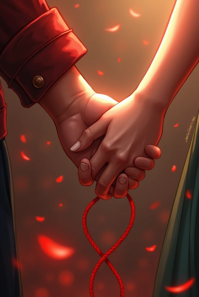 A loving couple holding hands in a romantic and affectionate way, Their faces are not seen only their hands are intertwined and around their hands there is a red thread of destiny