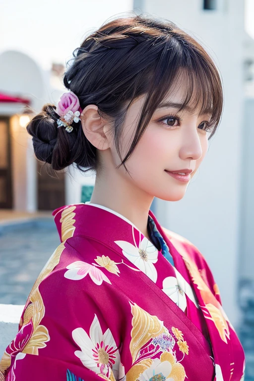 1 person, (Wearing a pink floral kimono.:1.2), Very beautiful Japanese idol portraits,
(RAW Photos, Highest quality), (Realistic, Realistic:1.4), (masterpiece),
Very delicate and beautiful, Very detailed, 2k wallpaper, wonderful, finely, Very detailed CG Unity 8k 壁紙, Very detailed, High resolution, Soft Light,
Beautiful details, Very detailed目と顔, Beautiful and sophisticated nose, Beautiful and beautiful eyes, Cinema Lighting,
(Commemorative photo on Santorini Island:1.3), (White Building), (blue sky), (Church bells), (Aegean Sea),
(Japanese hairstyle), (Tie your hair at the back:1.3), (bangs), (hairpin),
Complete Anatomy, Slender body, Small breasts, smile