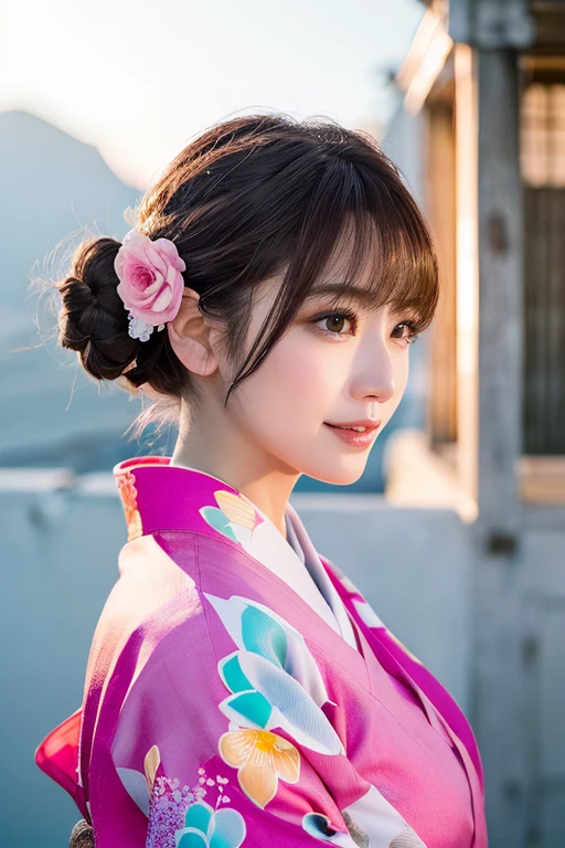 1 person, (Wearing a pink floral kimono.:1.2), Very beautiful Japanese idol portraits, 
(RAW Photos, Highest quality), (Realistic, Realistic:1.4), (masterpiece), 
Very delicate and beautiful, Very detailed, 2k wallpaper, wonderful, finely, Very detailed CG Unity 8k 壁紙, Very detailed, High resolution, Soft Light, 
Beautiful details, Very detailed目と顔, Beautiful and sophisticated nose, Beautiful and beautiful eyes, Cinema Lighting, 
(Commemorative photo on Santorini Island:1.3), (White Building), (blue sky), (Church bells), (Aegean Sea),
(Japanese hairstyle), (Tie your hair at the back:1.3), (bangs), (hairpin), 
Complete ???????, Slender body, Small breasts, smile