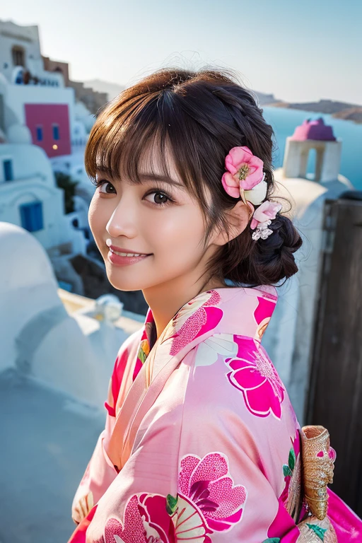1 person, (Wearing a pink floral kimono.:1.2), Very beautiful Japanese idol portraits,
(RAW Photos, Highest quality), (Realistic, Realistic:1.4), (masterpiece),
Very delicate and beautiful, Very detailed, 2k wallpaper, wonderful, finely, Very detailed CG Unity 8k 壁紙, Very detailed, High resolution, Soft Light,
Beautiful details, Very detailed目と顔, Beautiful and sophisticated nose, Beautiful and beautiful eyes, Cinema Lighting,
(Commemorative photo on Santorini Island:1.3), (White Building), (blue sky), (Church bells), (Aegean Sea),
(Japanese hairstyle), (Tie your hair at the back:1.3), (bangs), (hairpin),
Complete Anatomy, Slender body, Small breasts, smile