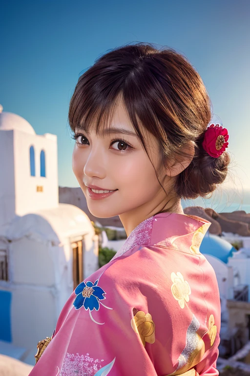 1 person, (Wearing a pink floral kimono.:1.2), Very beautiful Japanese idol portraits, 
(RAW Photos, Highest quality), (Realistic, Realistic:1.4), (masterpiece), 
Very delicate and beautiful, Very detailed, 2k wallpaper, wonderful, finely, Very detailed CG Unity 8k 壁紙, Very detailed, High resolution, Soft Light, 
Beautiful details, Very detailed目と顔, Beautiful and sophisticated nose, Beautiful and beautiful eyes, Cinema Lighting, 
(Commemorative photo on Santorini Island:1.3), (White Building), (blue sky), (Church bells), (Aegean Sea),
(Japanese hairstyle), (Tie your hair at the back:1.3), (bangs), (hairpin), 
Complete Anatomy, Slender body, Small breasts, smile