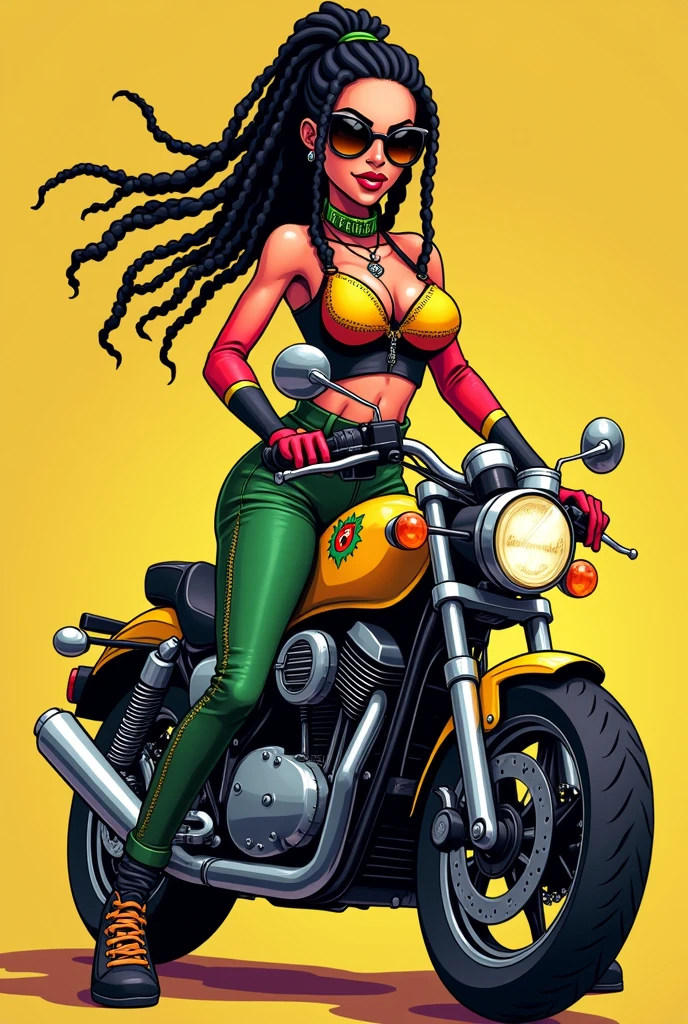yellow red green and black biker woman with dreadlocks cartoon drawing in full body side position with rasta colored motorcycle