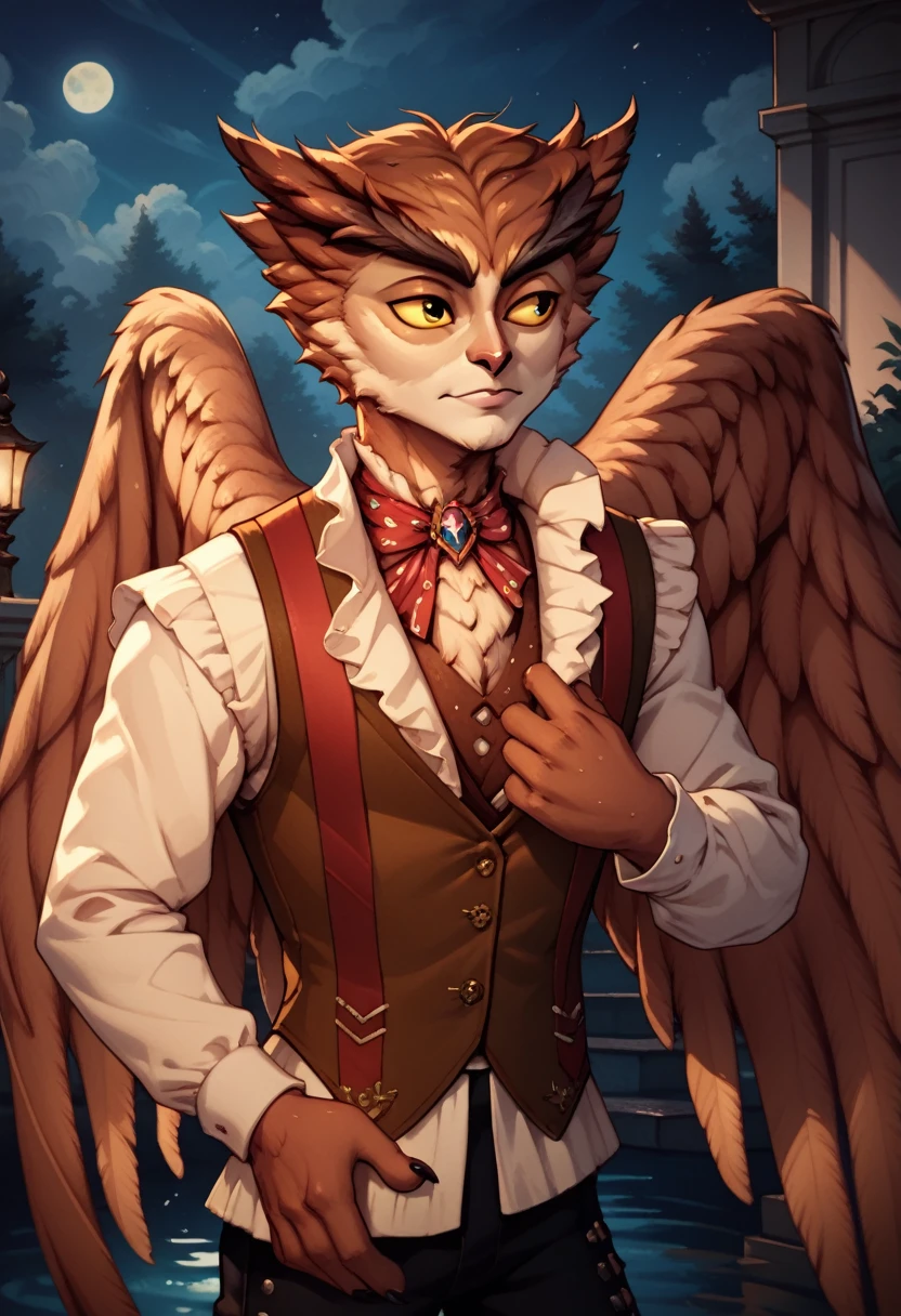 high definition herneval, feathered, wings, 1boy, solo, owl, vest, half body, standing aside a victorian pool, hands behind, detailed background, night, yellow sclera