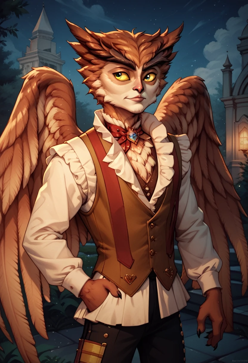 high definition herneval, feathered, wings, 1boy, solo, owl, vest, half body, standing aside a victorian pool, hands behind, detailed background, night, yellow sclera