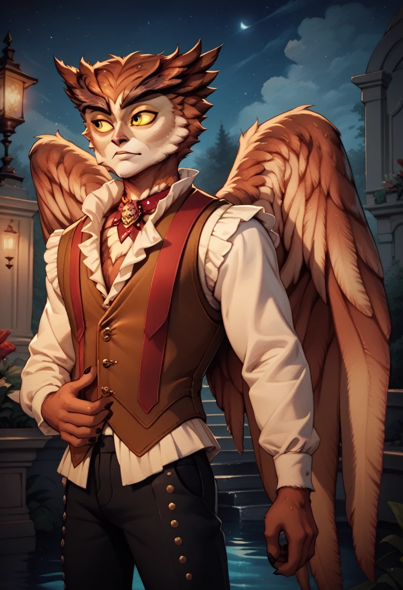 high definition herneval, feathered, wings, 1boy, solo, owl, vest, half body, standing aside a victorian pool, hands behind, detailed background, night, yellow sclera