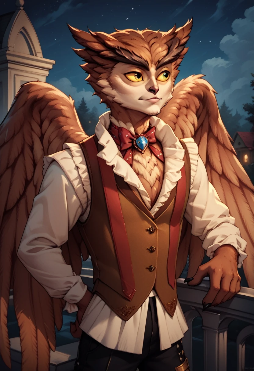 high definition herneval, feathered, wings, 1boy, solo, owl, vest, half body, standing aside a victorian pool, hands behind, detailed background, night, yellow sclera