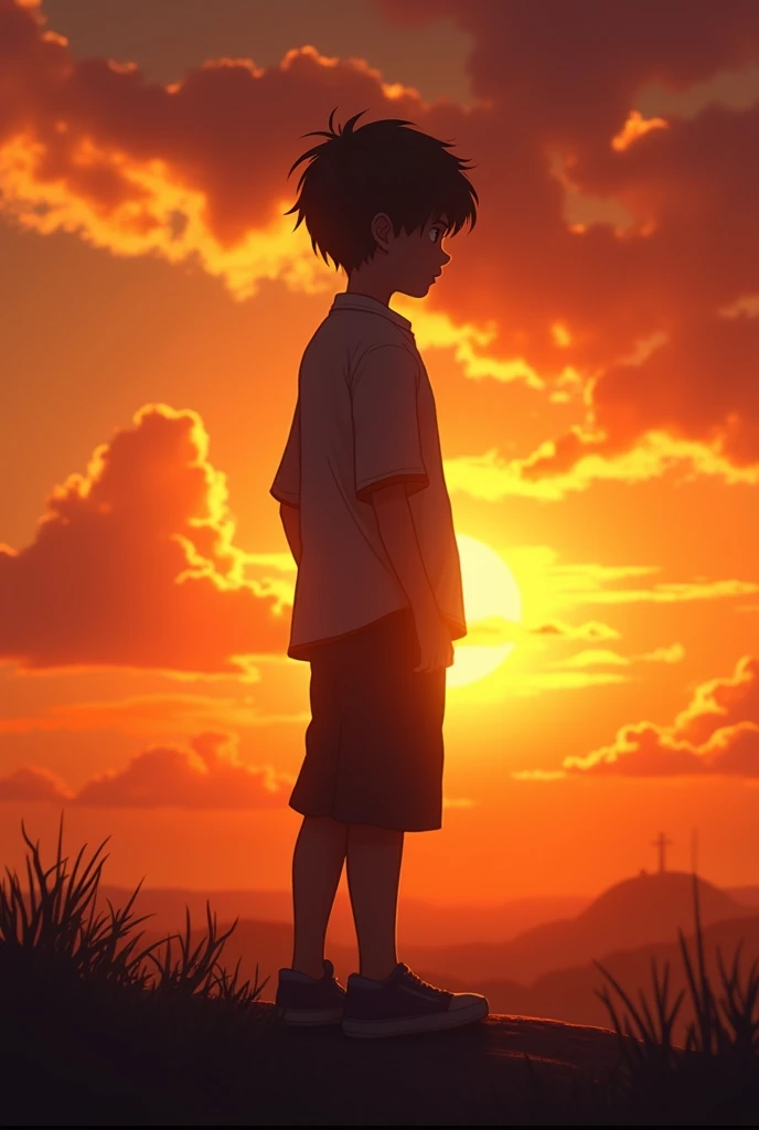 A boy in a silhouette in a sunset or sunrise