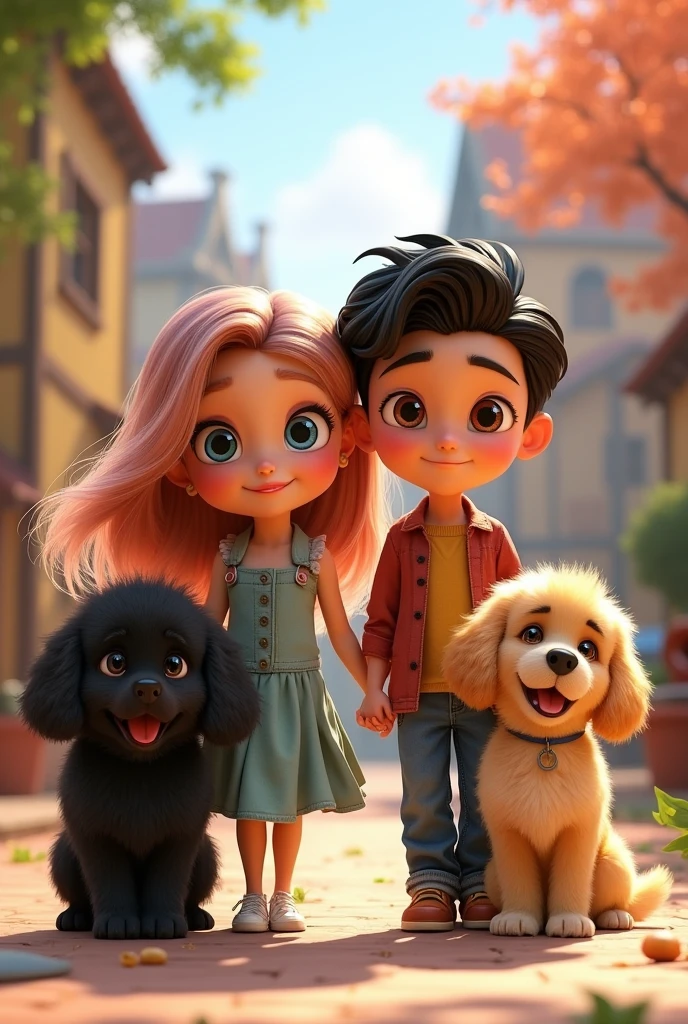 Pixar-type image of a girl with pink brown hair and slanted eyes, a boy with black hair and brown eyes, straight hair, and two curly dogs, one black and one blond.