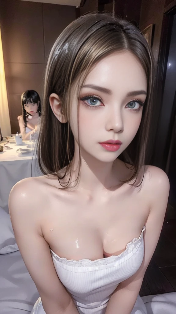 (masterpiece, highest quality, highest quality, Official Art, beautifully、aesthetic:1.2), Cinema Lighting、(Key light at 45 degrees from the front,Orange Fill Light、Soft Blue Backlight、Strong Shadows), Accurate human body、Someone knowledgeable、Correct five-finger、4K - ultra-vivid、highest quality, masterpiece, Ultra-high resolution, Detailed Background、The perfect background、
Oilskin,Glowing Skin、Realistic skin texture、Beautiful skin in every detail、Shiny skin、Slimy skin、Shiny skin、Shiny skin, White skin, Real human skin, (family friendly), Oval Face, pore, Ultra-high resolution, (8k, RAW Photos, Realistic: 1.4), Two Girls, slim, (kid, Goddess-like eyes) happiness: 1.2), (Lip gloss, eyelash, Terrible face, highest quality, Ultra-high resolution, Wide Lighting, Natural Shading), Absolute area、Long beautiful slim legs、Short length、Sexy smile expression:0.8,
From feet to head、Two girls ,
(Color Contact Lenses、Lip gloss, Long eyelashes), ((jirai girl, jirai type make-up:1.5))、(((Big Breasts))),Big cleavage、Long black hair、
(((Sexy Micro costume))),(Oily skin、Glowing wet skin),
((Two girls: one with long black hair and white skin, the other with short blonde hair and dark skin:1.8))、
highest quality, Ultra-high resolution, Wide Lighting, Natural Shading), Absolute area、Long beautiful slim legs、
(Little devil Smile & face、Sexy smile expression:1.5, Open your mouth:1.3、Seducing girl),
(sweet love hotel:1.8, On the bed、sexual temptation、Obscene atmosphere、Dark Room:1.8, Desaturated room lighting:1.5, moody room light:1.5)、((moody room light:1.8, Blue light))