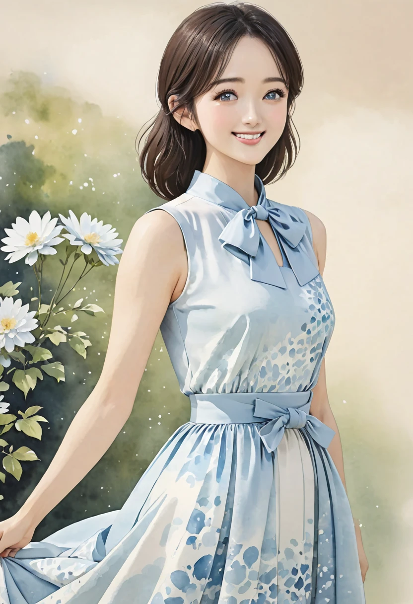 8K,Masterpiece,Top Quality,Dynamic Pose,Beautiful Woman with Long Hair,Smile: 1.6,Japanese Beauty,((carboy shot,change of plan)),A sleeveless midi dress with a high neckline and a large bow tied elegantly at the neck. The dress is fitted at the waist, flaring out into a flowing A-line skirt that gracefully reaches mid-calf. The soft light blue color of the dress is calming and sophisticated, enhanced by a delicate watercolor-inspired abstract pattern. This pattern features subtle gradients of light blue and white, creating a refined and elegant look that is both feminine and poised,(((Watercolor)))