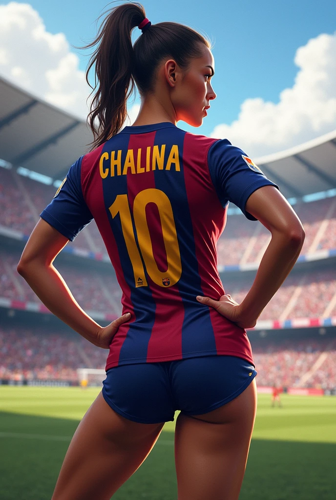 Football player number 10 named Chalina with a body with a nice ass on her back in a Camp Nou stadium