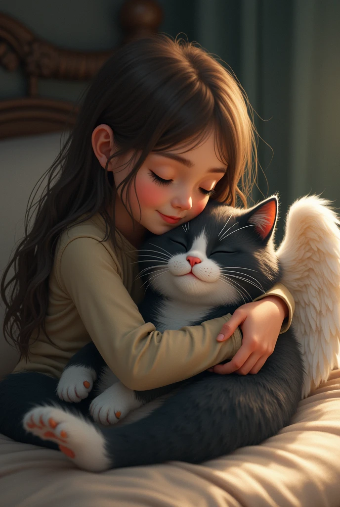  girl with long brown hair hugging 1 gray grandpa cat, black and white with angel wings
