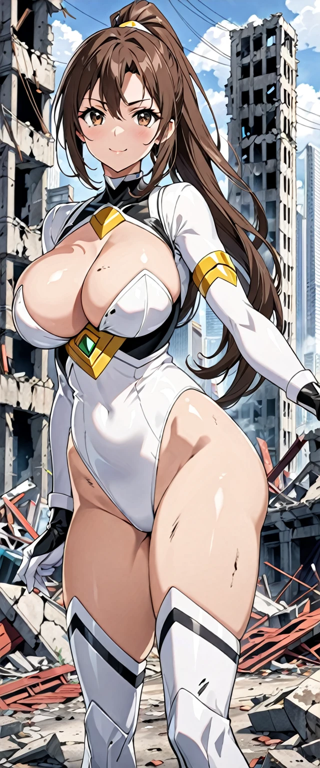 ((masterpiece)), ((Ultra quality)), ((super detailed)), ((high resolution)), ((8k)), a beautiful woman, ((She is one of the most famous actress in the world)), unparalleled beauty, ((large :1.5)), ((large ass:1., ((deep cleavage:lim waist, chest out, ultra detailed face, perfect skin, (((waist length hair, long brown ponytail hair,))), ((brown eyes)), ultra detailed eyes, whole body image, sexy, an invitingile, sensual, (((anime))), ((glamorous)), sexual attraction ,()), ((incredibly beal woman)), ((The H cup bust)), ((neat and clean)) , (((Power Ranger))), heroine, (((high leg cut leotaack line on white colored leotard power suit))), (((Test Type Power Suit))), ((beautiful breasts)), beautiful legs, 8 life size:1.4, the most beautiful and strongest, ((charm)), ((Japanese Beauty)), ((((gravure pose)))), ((City in Ruins, Immediately after the battle)),