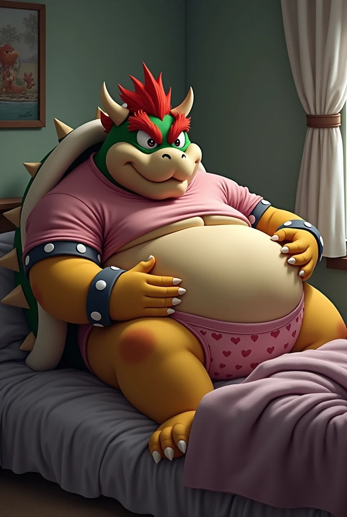 Bowser from Super Mario, Extremely obese, chubby, sad, huge round belly, big moobs, heart underpants, pink tight short sleeves t-shirt, laying on a bed, one hand on the belly