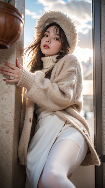 Serious,((masterpiece, 32K,8k,wallpaper, High resolution, H,RAW Photos,)),(Realistically:1.5),(Light),(Detailed fingers),(High detail skin:1.Beautiful Eyes),1 girl,alone,center， Winters, Yuki, fur collar Wind coat, Turtleneck sweater, Minkits, Lace-up pantyhose,(Huge snatch),twiLight，cloud，Wind，Hair soars，sfw